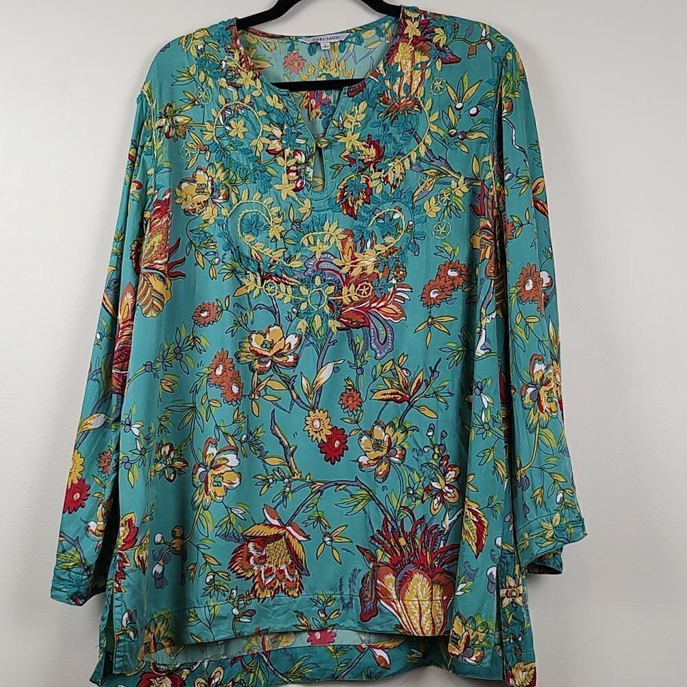 John Mark Turquoise Floral Embroidered Tunic Blouse